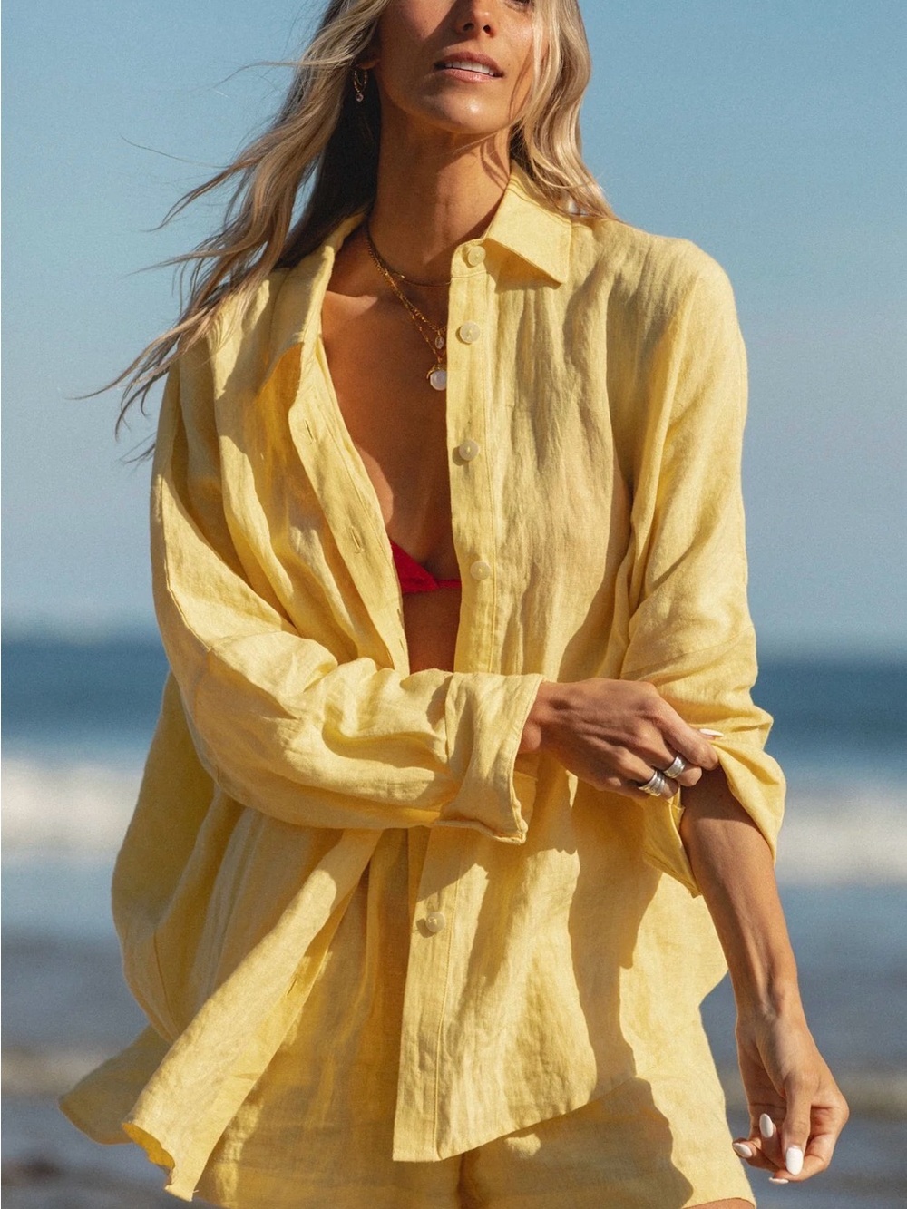 NEW Solai Capri Linen Oversized Yellow Beach Shirt - Women Swim Cover-Up